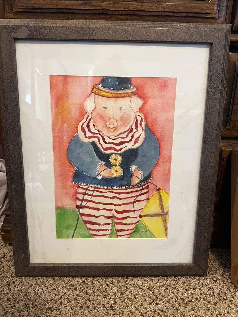 Signed vintage, 18” x 22” Whimsical Pig Clown Watercolor Print in Blue and Red